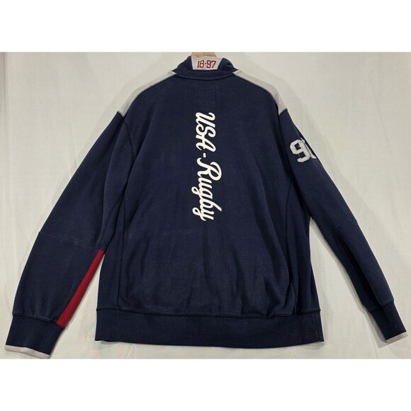 Vintage 90s Rugby USA Starter Jacket Varsity Letterman Patches Zip Navy Blue 2XL - Picture 2 of 16